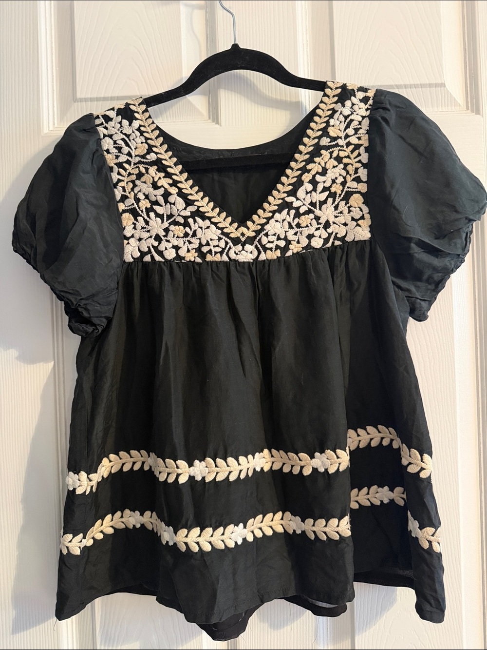hazel Black V-Neck Tunic with Cream Floral Embroidery